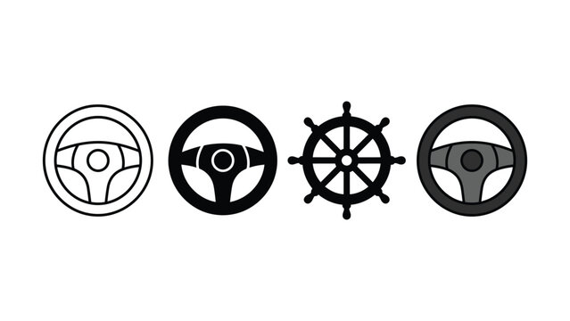 Set of flat vector icons representing various steering wheel designs including ship wheels and car steering wheels