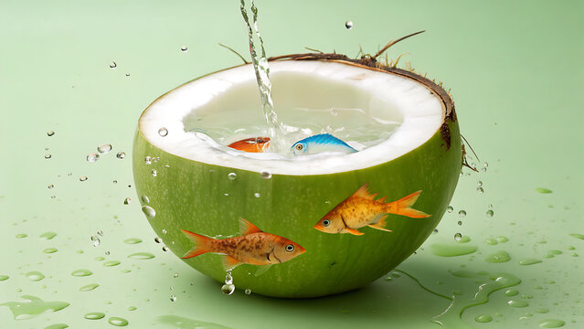 Fresh coconut with water splashing and tropical fish inside for vibrant summer drink concept