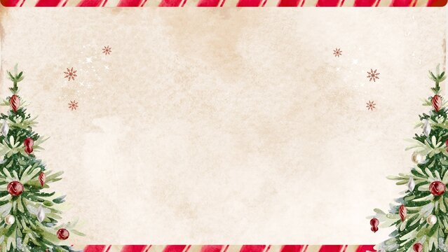 Vintage paper christmas background presentation with decorated pine trees and candy border