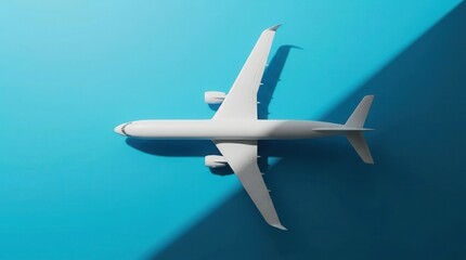 Naklejka premium Top view of a white jet model airplane on a blue background for aerospace design.