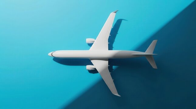 Top view of a white jet model airplane on a blue background for aerospace design.