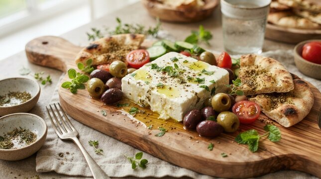 A wooden cutting board displays a block of feta cheese drizzled with olive oil, surrounded by fresh ingredients.