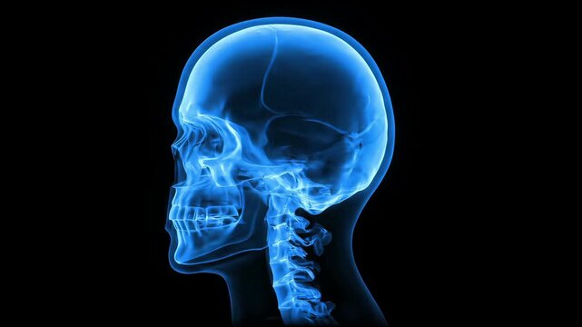 A transparent blue 3D human head and skull model performing a complete 360 degree rotation on a dark background.