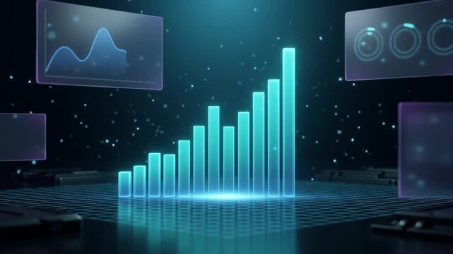 Futuristic Digital Business Growth Visualization with 3D Glowing Blue Bar Chart and Holographic Data Analytics Panels for Financial Success Analysis
