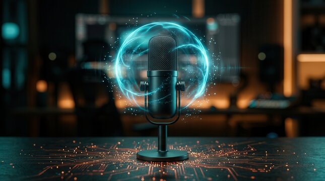 Smart home voice recognition device with a futuristic microphone and neural network connectivity.