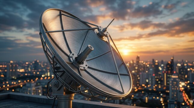 Satellite dish technology transmitting signals over a metropolitan cityscape at sunset.
