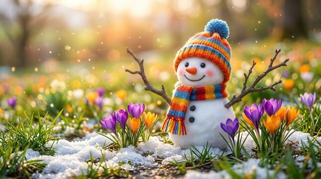 Melting snow reveals green grass and bright crocuses in a beautiful spring landscape.