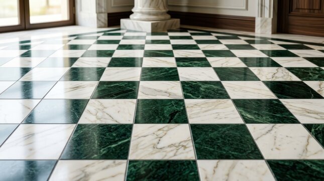 Elegant marble checkered floor in bright indoor hallway