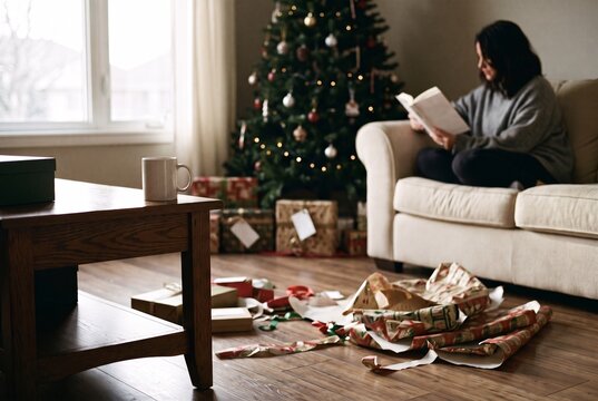 messy wrapping paper on floor after opening christmas gifts with blurred woman reading - ai generated