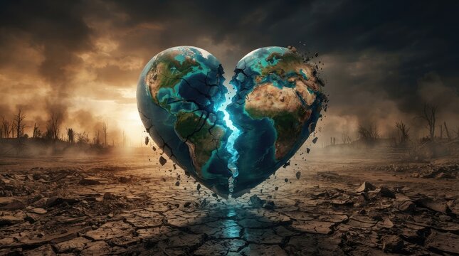 A shattered globe forms the shape of a broken heart, radiating a golden light.