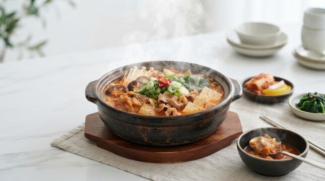 A steaming hot Korean stone pot stew is presented in a dark ceramic pot on a wooden coaster.
