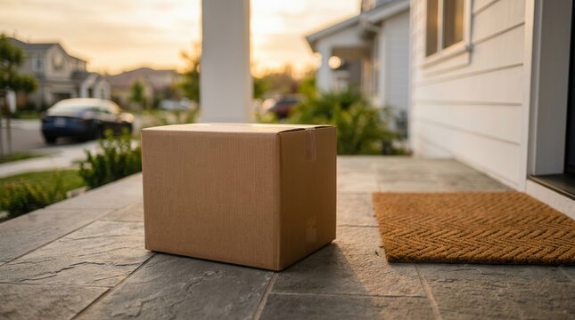 A brown cardboard package left at a residential doorstep in a quiet suburban neighborhood.