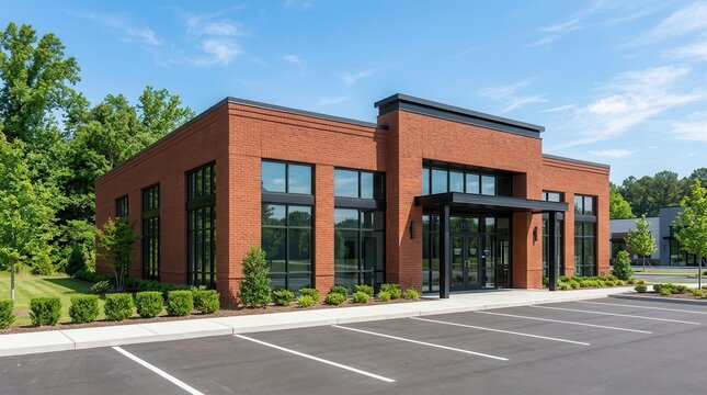 Small modern office building with brick walls, large windows, and a paved parking lot.