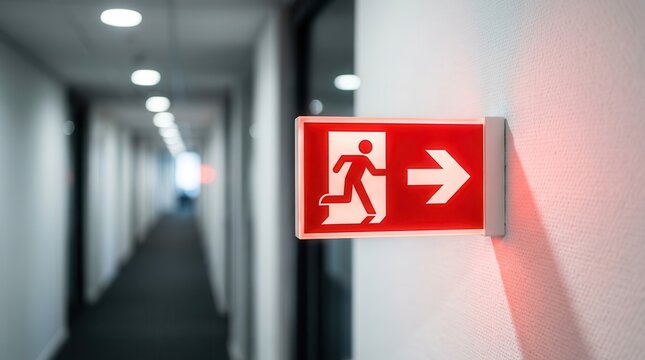 A glowing red emergency exit sign showing a running person and arrow for safety compliance.