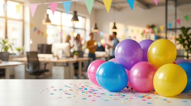 Colorful balloons and confetti scattered on a table in a festive office setting.