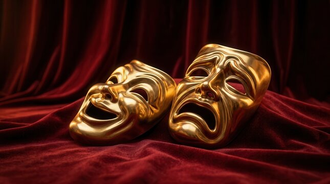 Dramatic theatre masks in gold resting on red velvet fabric for acting and art.