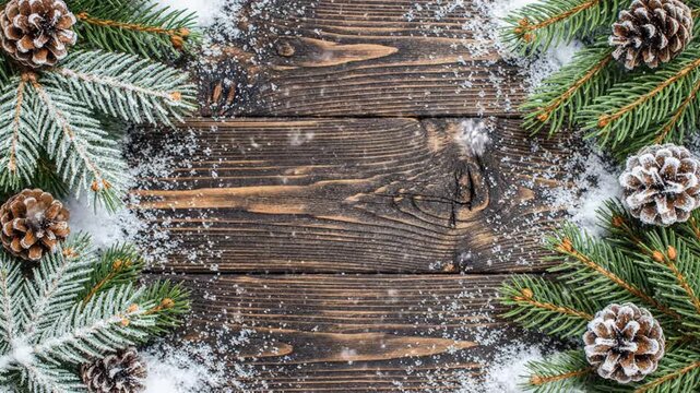 Rustic wooden background with snowy pine branches and frosted pinecones, top view