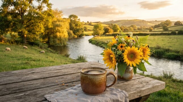 A rustic wooden table sits in a picturesque countryside setting.