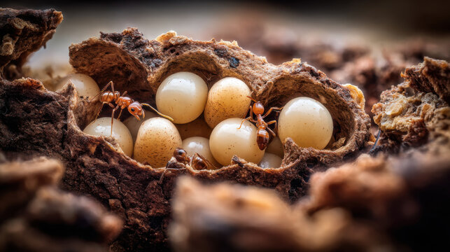 macro shot of an ant nest with numerous eggs