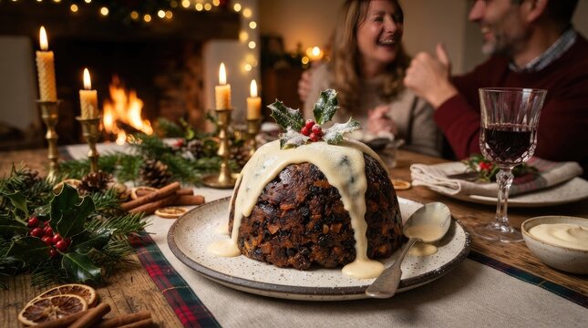 A warmly lit dining scene depicts a family enjoying a festive Christmas dinner.