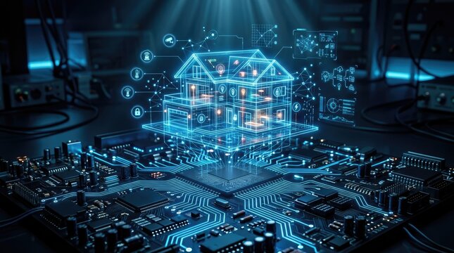 A futuristic digital rendering showcases a house overlaid with a complex circuit board.