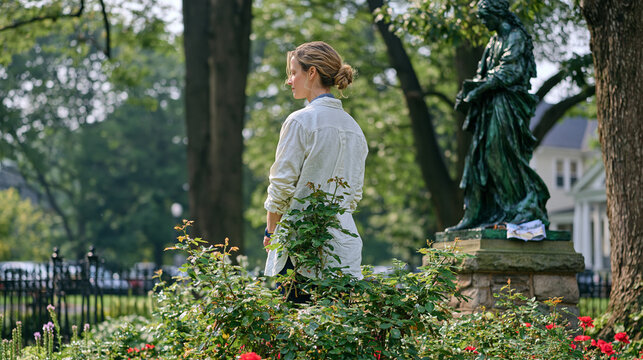 Museum docent standing alone in a misty heritage garden at first light beside a single bronze sculpture, the symbolic still life of her folded tour pamphlet and reading glasses resting on the sculpt