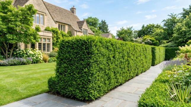 Traditional stone country house surrounded by manicured hedge garden and flowering plants. Elegant residential landscape design with paved walkway and lush summer greenery.