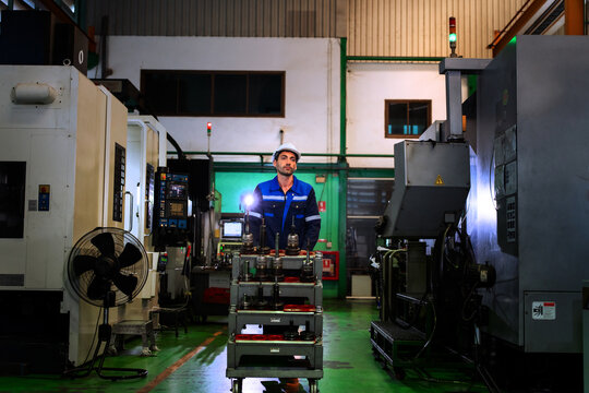 Industrial worker operating cnc machine equipment in modern manufacturing plant for industrial automation concept.	