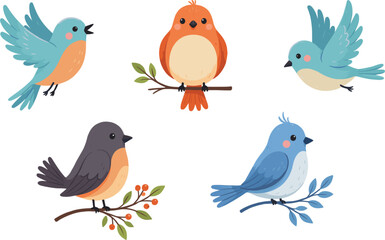 Naklejka premium Cute Little Birds Vector Illustration Set featuring Cartoon Bluebirds, Red Finch, and Sparrows Perched on Tree Branches and Flying Freely