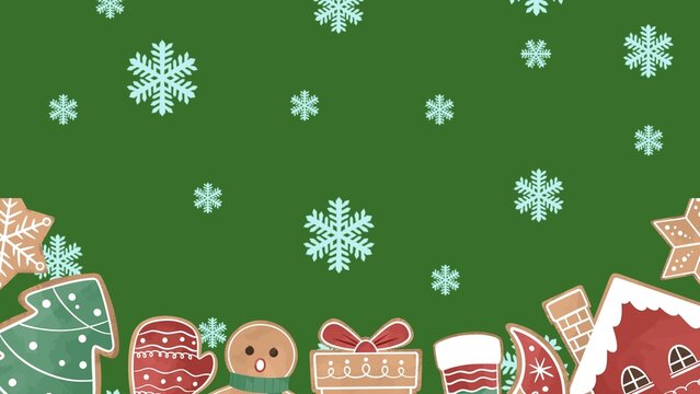 Green christmas gingerbread cookies background presentation with falling snowflakes