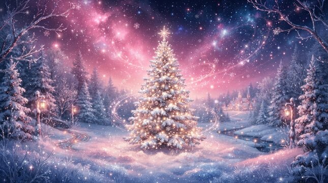 A majestic Christmas tree stands prominently in a snowy winter landscape under a vibrant, starry sky.
