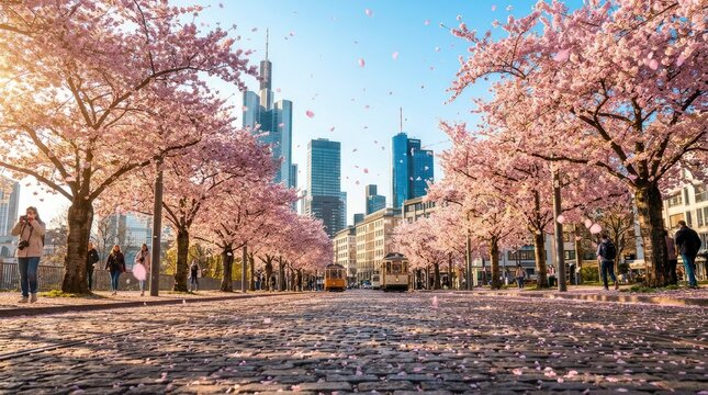 People stroll along a cobblestone street lined with blooming cherry trees in Frankfurt, Germany.