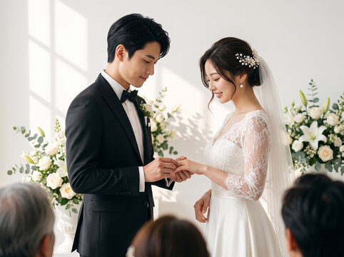 夫が妻の薬指に結婚指輪をはめる温かい光差す結婚式