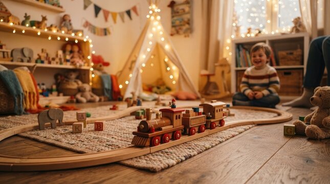 A young boy plays with a wooden train set on a rug in a warmly decorated playroom.
