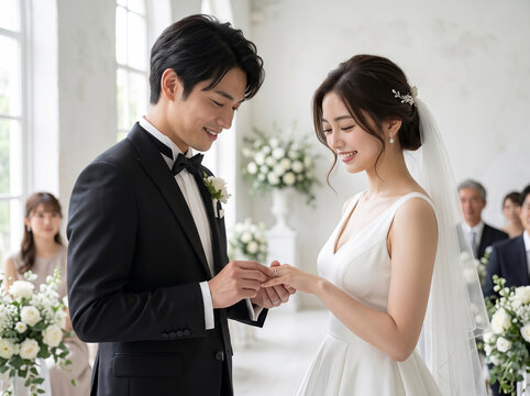 花嫁の薬指に結婚指輪をはめる男性