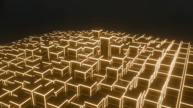 Abstract Futuristic 3D Glowing Cube Grid Motion, Cyberpunk Data Array Animation Background