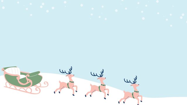 Christmas reindeer sleigh background presentation on light blue snowy winter hill