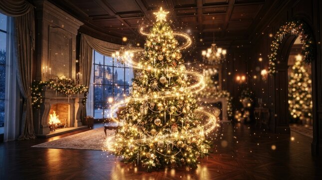 A grand, opulent room is decorated for Christmas.