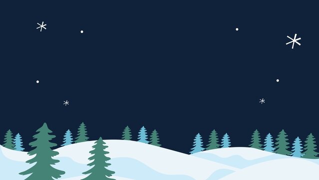 Dark blue winter night background presentation with snowy pine forest and stars