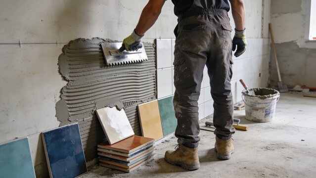 Professional tile installer applying gray adhesive mortar onto interior wall using notched trowel during bathroom renovation Worker wearing protective gloves workwear safety boots while preparing 