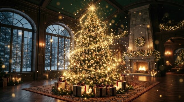 A grand, opulent room is decorated for Christmas.