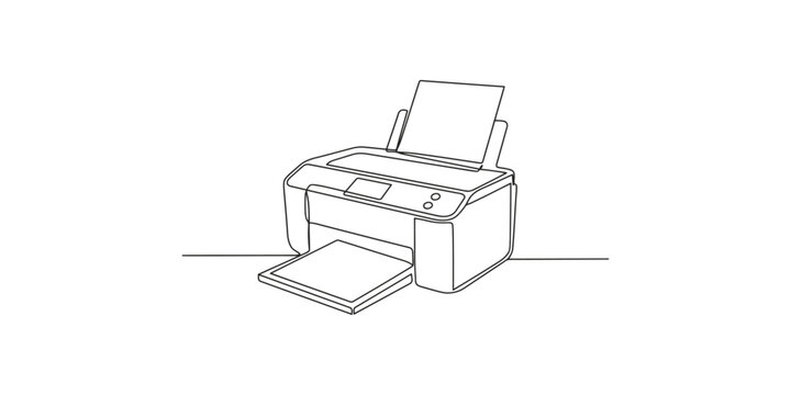 Continuous single line drawing of an office printer with paper