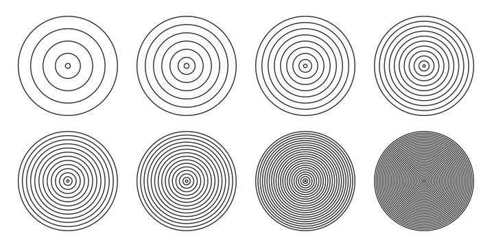 Concentric circle vector set. Editable stroke radial line patterns with different spacing and density. Geometric round shapes for pulse, vibration, audio, optical effect and abstract graphic design