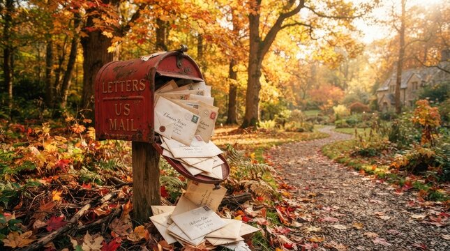 A weathered red mailbox overflows with letters scattered across a leaf-covered path in a beautiful autumn forest.