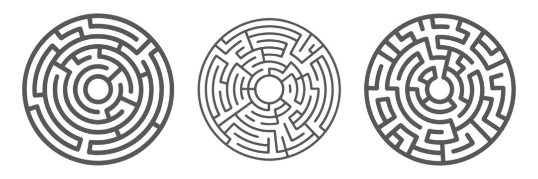 Black circle vector mazes isolated on white background, labyrinth symbols with one and three entrances, circular puzzle icon design.
