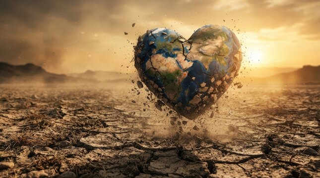 A shattered globe shaped like a heart bursts into fragments against a desolate, cracked landscape.