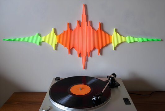 Music sound wave visualization and audio technology, vinyl record player with colorful equalizer art on a wall