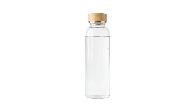 Minimalist glass water bottle with bamboo lid, reusable clear glass carafe for hydration, eco-friendly glass drinkware for wellness isolated PNG with Transparent Background