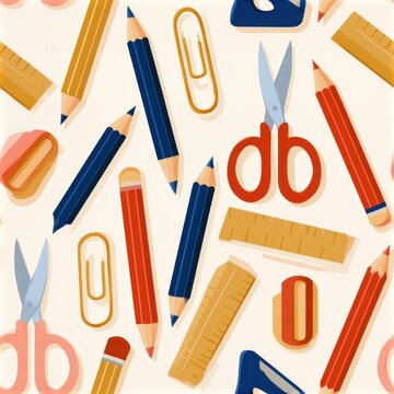 Seamless repeating pattern of stylised school supplies