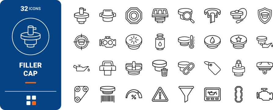 Oil filler cap line icon set. Vector pictograms of engine, maintenance, component, and fluid elements, thin linear illustration.